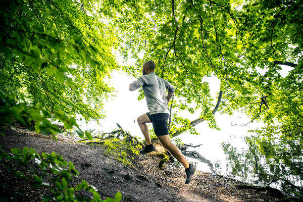 istock Trail runner with smart watch in green forest 1345563781