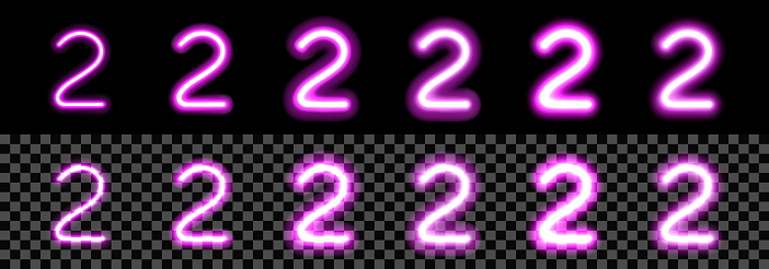 Neon Purple Glowing Number 2 on black background. Digit Two with transparency with different thickness and glow saturation variations. For billboard, price, advertisement, discount, poster