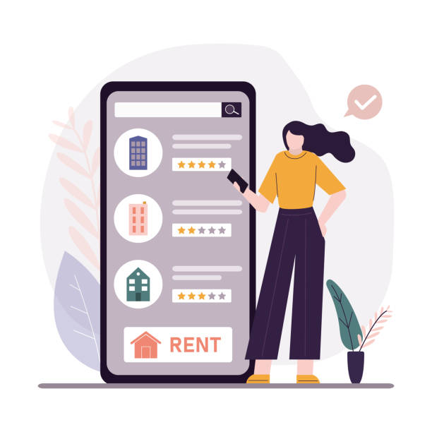 Woman choosing apartment to rent in mobile app based on reviews. Renting property with online service. Girl looking for house. Real estate selection Woman choosing apartment to rent in mobile app based on reviews. Renting property with online service. Girl looking for house. Real estate selection. Choice of housing by rating. Vector illustration image based social media stock illustrations