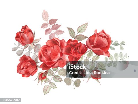 istock Flower arrangement of the red roses and leaves, mixed with the eucalyptus leaves. 1345575902