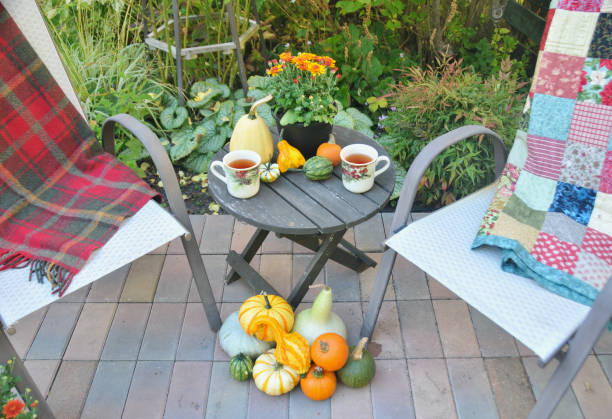 istock Backyard fall harvest decorations on sheltered patio with cozy blankets and hot drink 1345575903