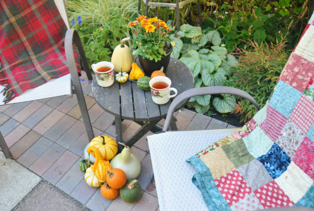 istock Backyard fall harvest decorations on sheltered patio with cozy blankets and hot drink 1345575905
