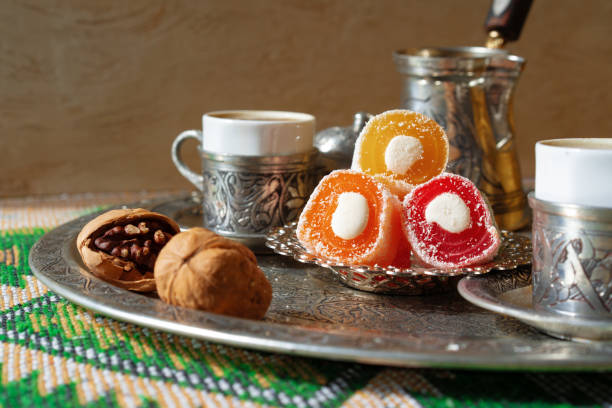 istock Turkish Coffee served with Turkish Delight on metal tray 1345578155