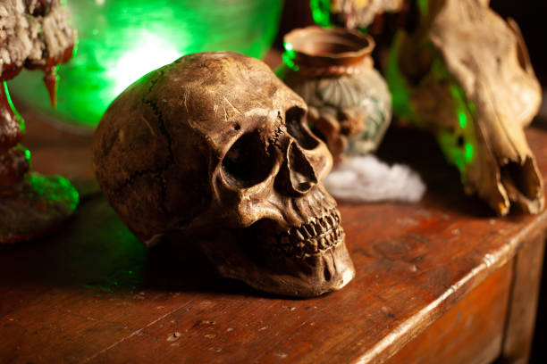 istock Halloween background Shelves with alchemy tools Skull spiderweb bottle with poison candles 1345580414