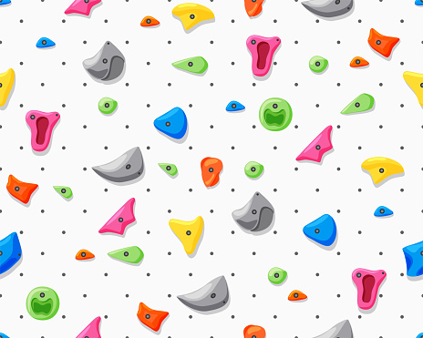 Gym climbing grips. Imitation of a rock. Various fasteners seamless pattern. Cartoon vector background.