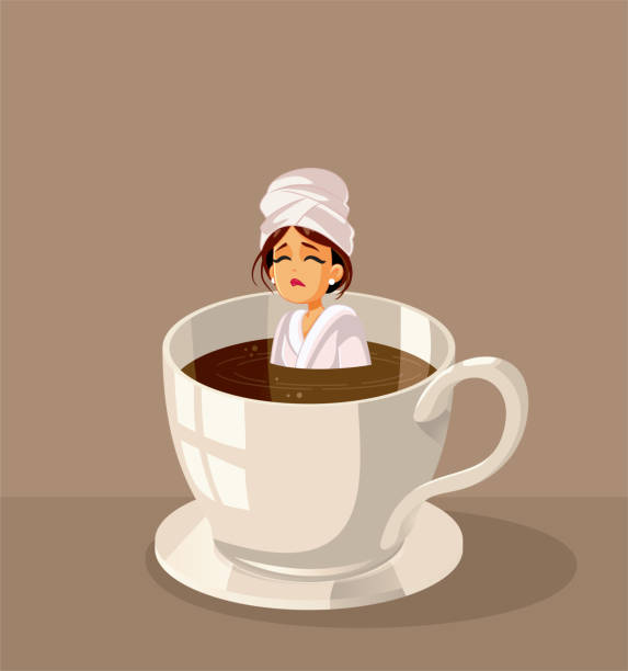 ilustrações, clipart, desenhos animados e ícones de mulher sonolenta nadando em coffee vector cartoon ilustração - dependency caffeine tired women