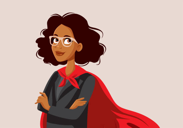 Female Superhero Wearing a Cape and a Business Suit Vector Cartoon Office worker hero employee of the month with high performance on the job and big accomplishments red spectacles stock illustrations