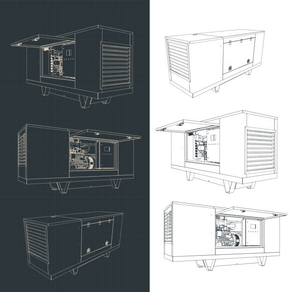 Silent diesel generator drawings Stylized vector illustration of drawings of silent diesel generator glitch generator stock illustrations
