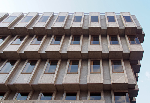 leeds, west yorkshire, united kingdom - 25 august 2021: the exterior of the brutalist bank house in leeds built as a branch of the bank of england in 1969
