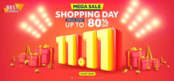 Vector of 11.11 Shopping day Poster or banner with gift box and spotlight background.11 november sales banner template design for social media and website. Vector of 11.11 Shopping day Poster or banner with gift box and spotlight background.11 november sales banner template design for social media and website. number 11 stock illustrations