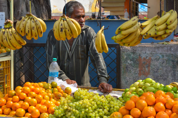 niezidentyfikowany sprzedawca sprzedający owoce na poboczu drogi w indiach. - developing countries small business india owner zdjęcia i obrazy z banku zdjęć