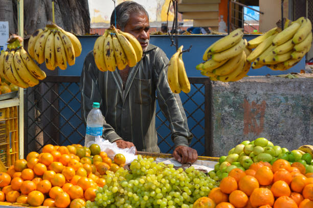 vendedor não identificado vendendo frutas na beira da estrada na índia. - developing countries small business india owner - fotografias e filmes do acervo