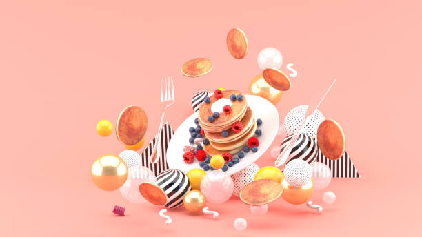 Pancakes and berries among colorful balls on a pink background.-3d rendering.