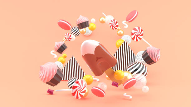 Chocolate ice cream among cupcakes, macaron and candy.-3d rendering.