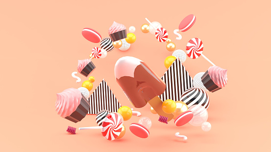 Chocolate ice cream among cupcakes, macaron and candy.-3d rendering.