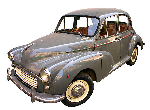 Grey vintage car isolated on white, clipping path