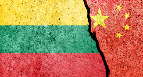 istock Lithuanian and China flags painted on the concrete wall 1345599499