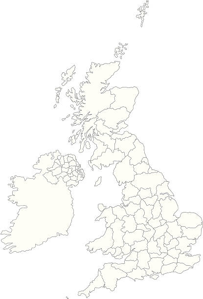 A detailed and accurate line map of the United Kingdom, showing all the individual administrative regions or counties, all individually selectable, and with each layer named. There is also a base map of the UK below the counties, thus allowing any unwanted regions to be removed and still have land beneath. All the counties and admin. areas are on separate named layers, with a total of 96 layers.