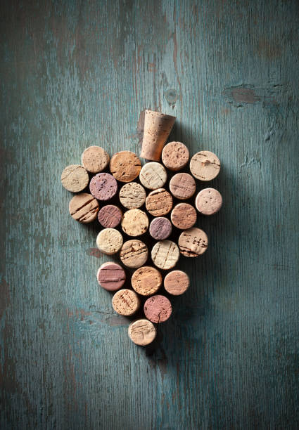 wine bottle corks in the shape of a bunch of grapes - wine bottle wine wood bottle stopper imagens e fotografias de stock