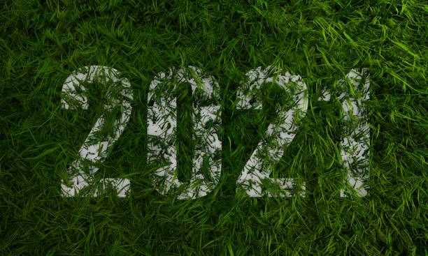 istock White 2021 year number with 3d green grass 1345615040