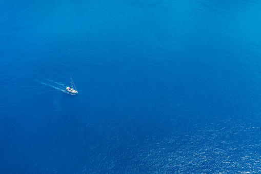 Aerial view of Luxury Sail Yacht in Assos village, Kefalonia Island, Greece.