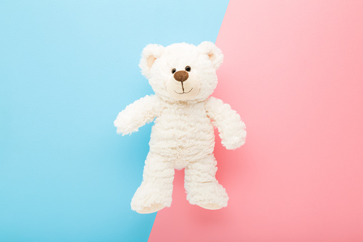 Smiling white teddy bear on light pink blue table background. Pastel color. Closeup. Kids best friend. Top down view.
