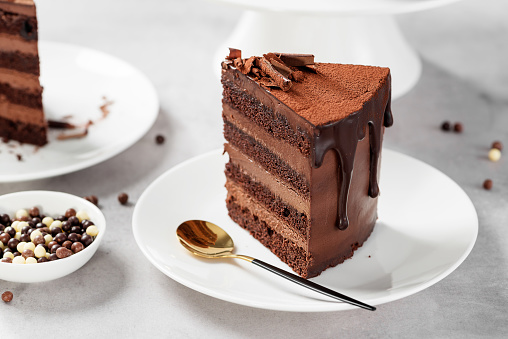 Super chocolatey cake  with dark Belgian chocolate  with ganache cream and chocolate glaze drips.