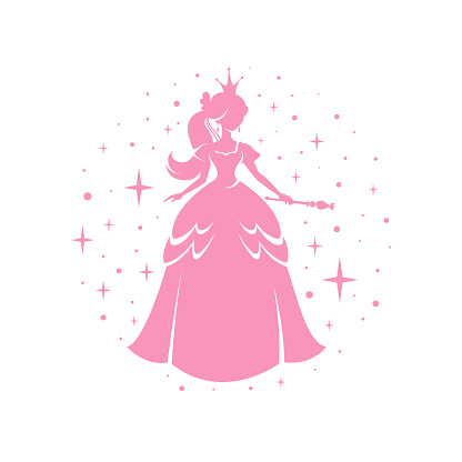 Princess silhouette standing in beautiful dress with magic wand. Circle frame background with pink dots and sparkles. Charming fairy tale girl. Cartoon character vector illustration. Fantasy book or child accessories design element, apparel print, nurcery.
