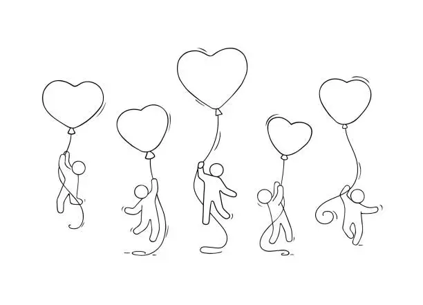 Vector illustration of little people with romantic balloons.