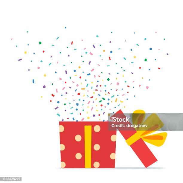 Christmas sweet gift box. Explosion of paper confetti. Open 3d-red