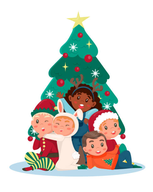 group of children posing near the Christmas tree a group of children posing near the Christmas tree in costumes of elf, deer, hare, rabbit and santa claus. poster, banner, christmas party, new years eve. diverse family christmas stock illustrations