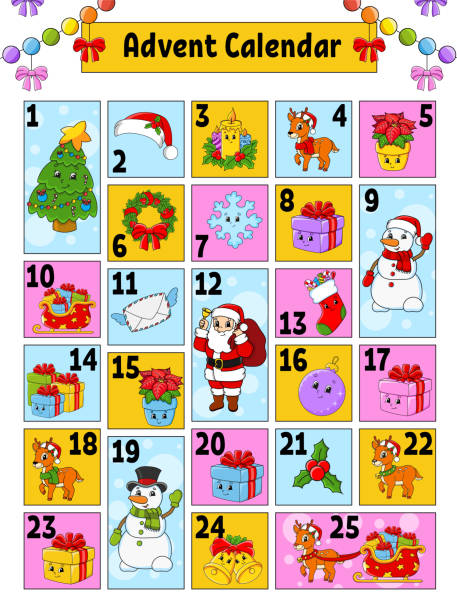 istock Christmas advent calendar with cute characters. Santa claus, deer, snowman, fir tree, snowflake, gift, bauble, sock. Cartoon style. With numbers 1 to 25. Vector illustration. Holiday preparation. 1345630347