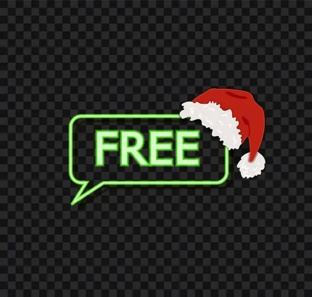 Vector illustration of Vector Neon Speech Bubble with Free Word, Sale Icon Template Glowing in the Dark, Christmas Sale, Santa Hat.