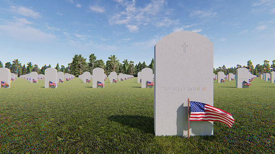 American flag in front of gravestone in veterans cemetery. 3D rendering