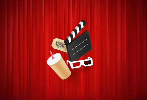 Vector illustration of Red curtain with cinema elements