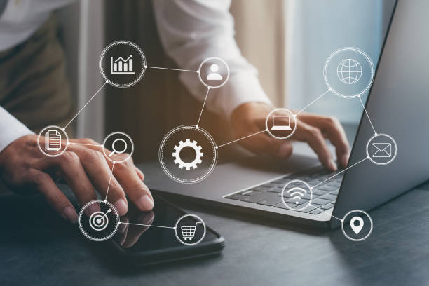 istock Businessman hand working digital marketing media in virtual screen 1345632389