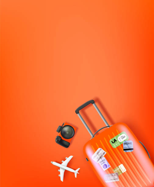 istock Travel illustration with orange bag, camera and aircraft model. Flat lay 1345632454