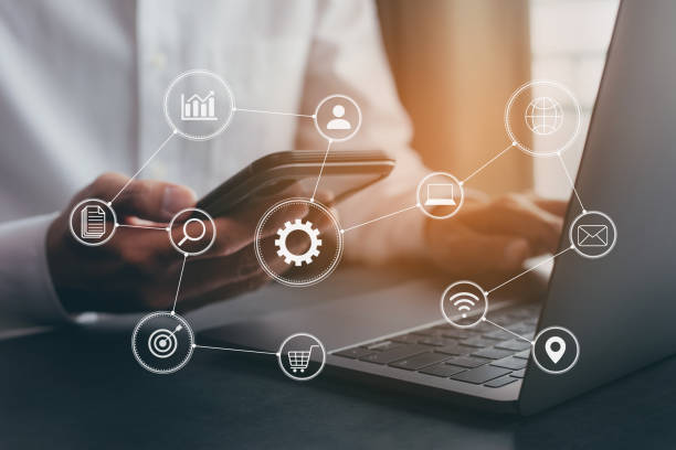 istock Businessman hand working digital marketing media in virtual screen 1345632520