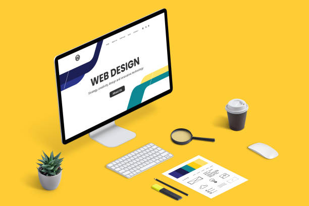 istock Web design studio concept. Computer display with concept web page and desk with sketch and color palette, keyboard, mouse, coffee, plant. Isometric view. 1345633438