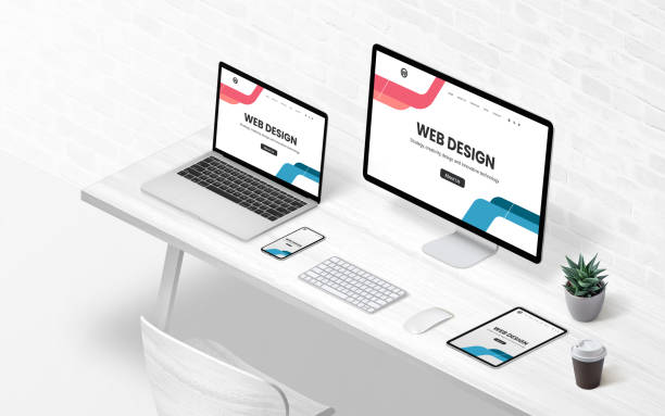 istock Modern flat design concept page on diferent display devices. Isometric concept of creative design studio. Isometric view of work desk 1345633444