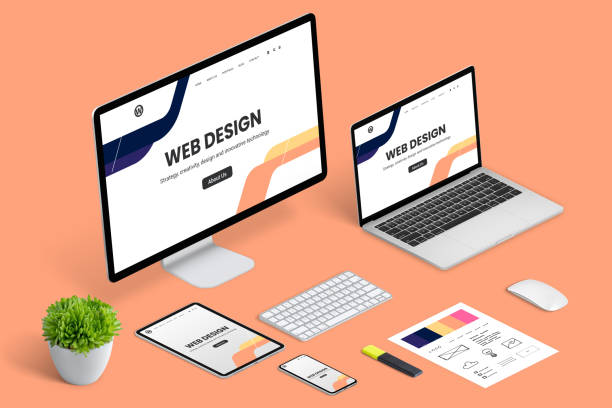 Responsive web design studio page presentation concept. Isometric view of designer work desk with computer display, laptop, tablet, and smart phone.