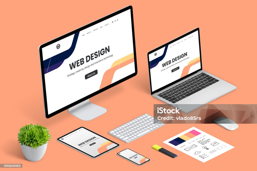 Responsive web design studio page presentation concept. Isometric view of designer work desk with computer display, laptop, tablet, and smart phone. Responsive Web Design Stock Photo