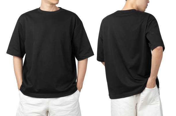istock Young man in blank oversize t-shirt mockup front and back used as design template, isolated on white background with clipping path 1345634525
