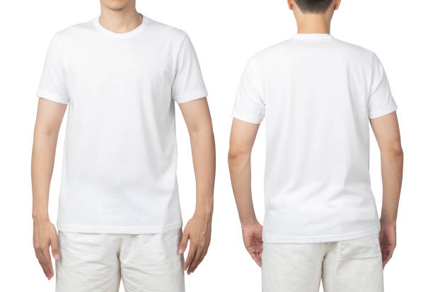istock Young man in blank white t-shirt mockup front and back used as design template, isolated on white background with clipping path 1345634526