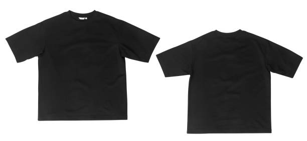 空白の黒のオーバーサイズtシャツモックアップ前面と背面は、クリッピングパスで白い背景に隔離 - oversized ストックフォトと画像