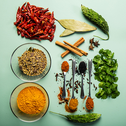 Composition with different aromatic spices in bowls and wooden spoons on white background close up