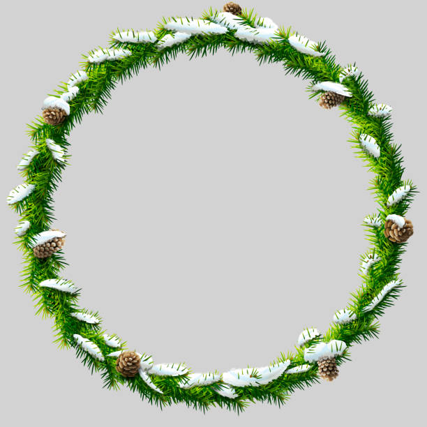 Thin christmas wreath with pinecones and snow vector art illustration