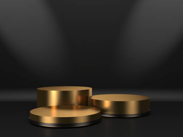 istock Black stand podium on dark background. Realistic dark platform 1345638880