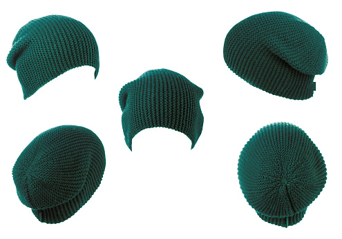 Set of five knitted dark green hat isolated on white background .green.