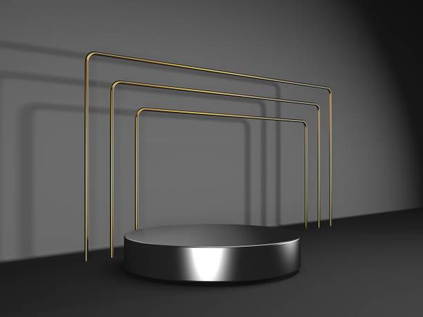 istock Black stand podium on dark background. Realistic dark platform 1345639129